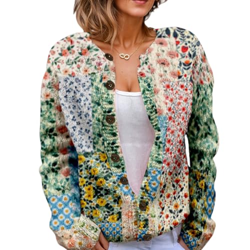 Women's Cute Boho Floral Printed Open Front Button Down Sweater Cardigan Oversized Trendy Casual Coat Jacket