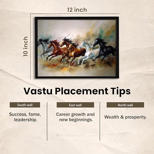 Image of 6 Running Horses Vastu Framed Wall Art Painting For Living Room | Artistic Three Horse Painting With Frame Symbol of Progress & Strength Wall Art For Home & Office, 10x12 Inch