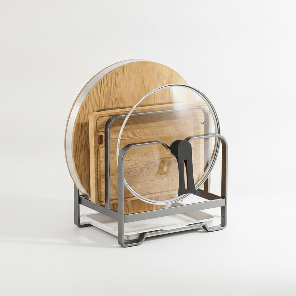 Soporte para tabla de cortar y tapas que organiza tu encimera de cocina con tres capas