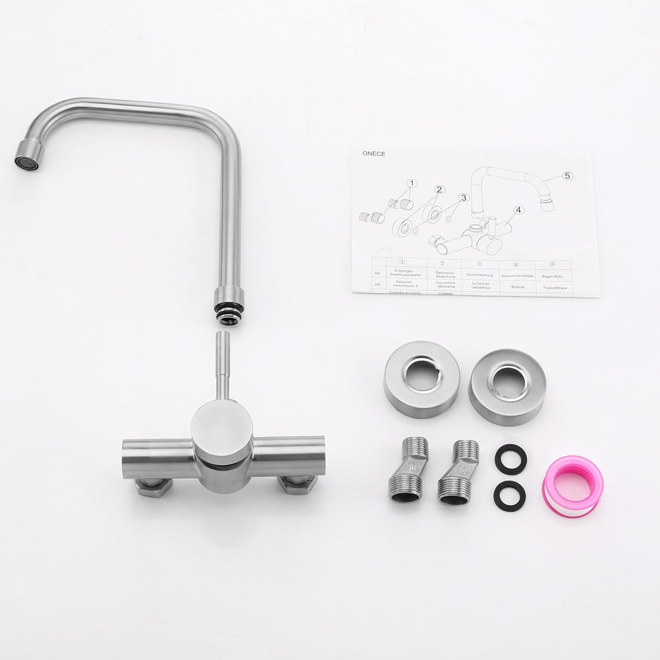 ONECE Grifo Cocina en la Pared 11 cm Distancia Entre Orificios de Montaje, Grifería a Muro Rotación de 360​°, Mezclador Monomando de Fregadero Acero Inoxidable 304, Aireador Extraíble