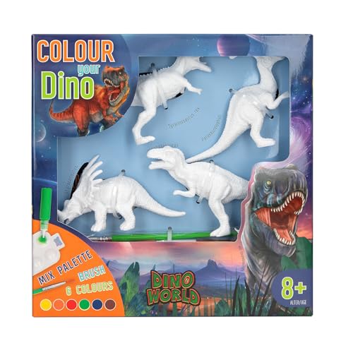 Depesche 12672 Dino World DIY Colour Your Dino - 4 Figurines de Dinosaures à réaliser soi-même, kit Comprenant Peinture Acrylique, Pinceau, Palette et Instructions