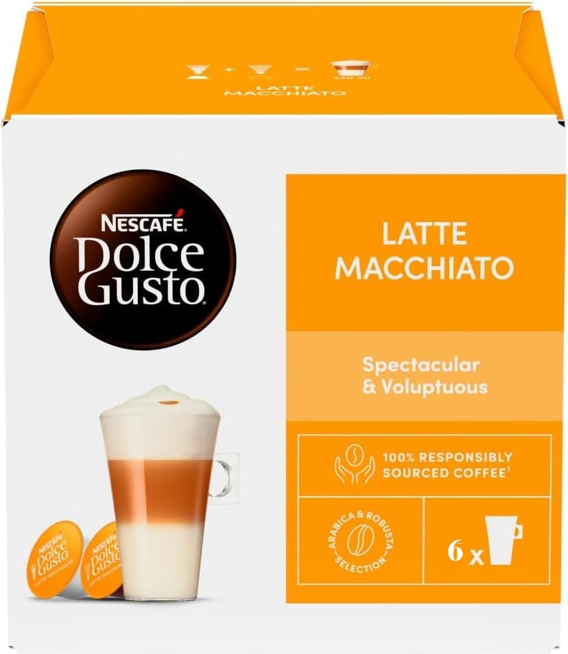 Image of Nescafe Dolce Gusto Latte Macchiato Coffee Capsules, DECADENT Premium Arabica & Robusta, 137.4g, 6 Cups (Product Of UK)
