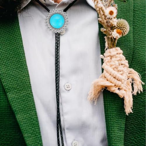 Image of AZORA Western Cowboy Bolo Tie Men Leather Necktie Leather Cord Turquoise Stone Bolo Ties for Men Women