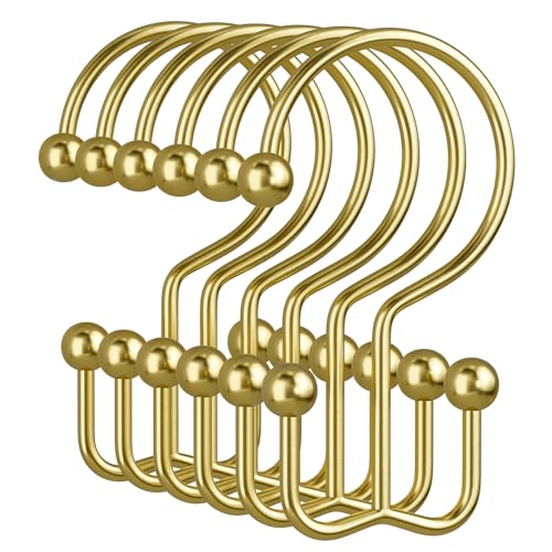 Amazer Gold Shower Curtain Hooks 12PCS Minimalist Simple Double Shower Curtain Rings Rust-Resistant Metal Shower Hooks Shower Curtain Hangers Shower Rings for Bathroom Shower Rods Curtains