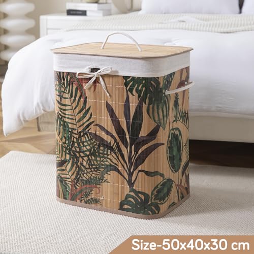 Image of HOKIPO Eco-Friendly Foldable Bamboo Laundry Basket Hamper with Lid, Large - 60 Liter, Ficus Leaves (AR-5749), Multicolor
