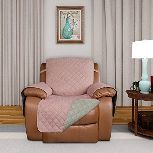 Image of PureFit Reversible Quilted Sofa Cover, Water Resistant Slipcover Furniture Protector, Washable Couch Cover with Non Slip and Elastic Straps for Kids, Dogs, Pets (Oversized Recliner, Pink /Beige)