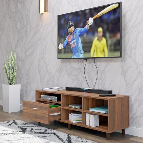 Image of VIKI Modern TV Unit for Living Room | Engineered Wood TV Cabinet with 1 Drawer Storage & 3 Open Shelves, Set Top Box Stand, Entertainment Unit, 140W x 48H x 40D cm | DIY | 1 Year Warranty (Walnut)