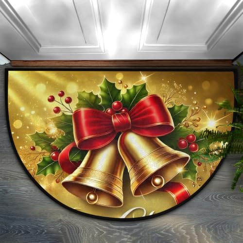 Image of Half Round Doormat Washable Kitchen Semi Circle Rug Christmas Bell Holly