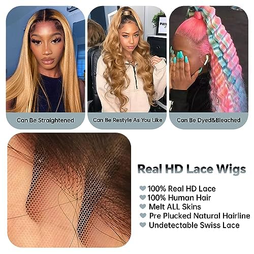 Miniatura 4 de GIQA Pelucas de cabello humano ondulado con encaje frontal de 13 x 6 pulgadas, densidad del 200%, color rubio miel, pelucas de cabello humano