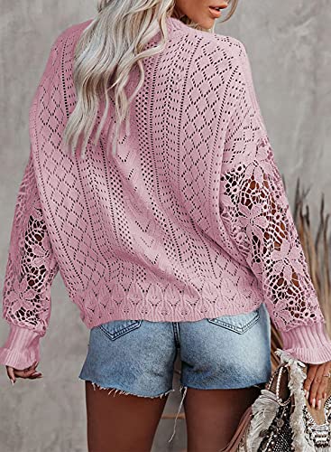 Image of Dokotoo Womens Crewneck Crochet Lace Long Sleeve Hollow Out Cable Knit Sweaters Pullover Tops