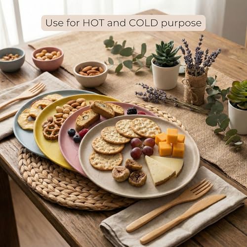 Image of Happy Cove Eco-Friendly Dessert Plate Set of 4, 8 Inch with Engraving Design | Biocomposite Rice Husk & Bamboo Fibre Serving Plates | Unbreakable, Microwave Safe, Oven Plate, Multicolour