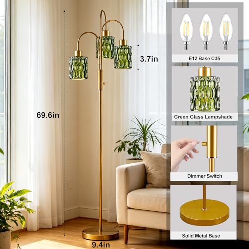 Image of 70 inch Glass Floor Lamp, 3-Light Gold Dimmable Standing Tall Lamp with Green Ribbed Glass Shades &3PCS 3000K Warm White Bulbs, Modern Tree Pole Lamp for Living Room Bedroom Home Decor