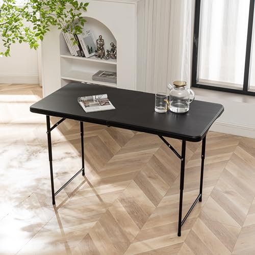 Image of BTEXPERT 4 Foot Fold-in-Half Folding Utility Table, Height Adjustable Portable Plastic Table w /Carry Handles, Lightweight Commercial Grade Indoor Outdoor for Picnic, Camping, Office Home Party Black