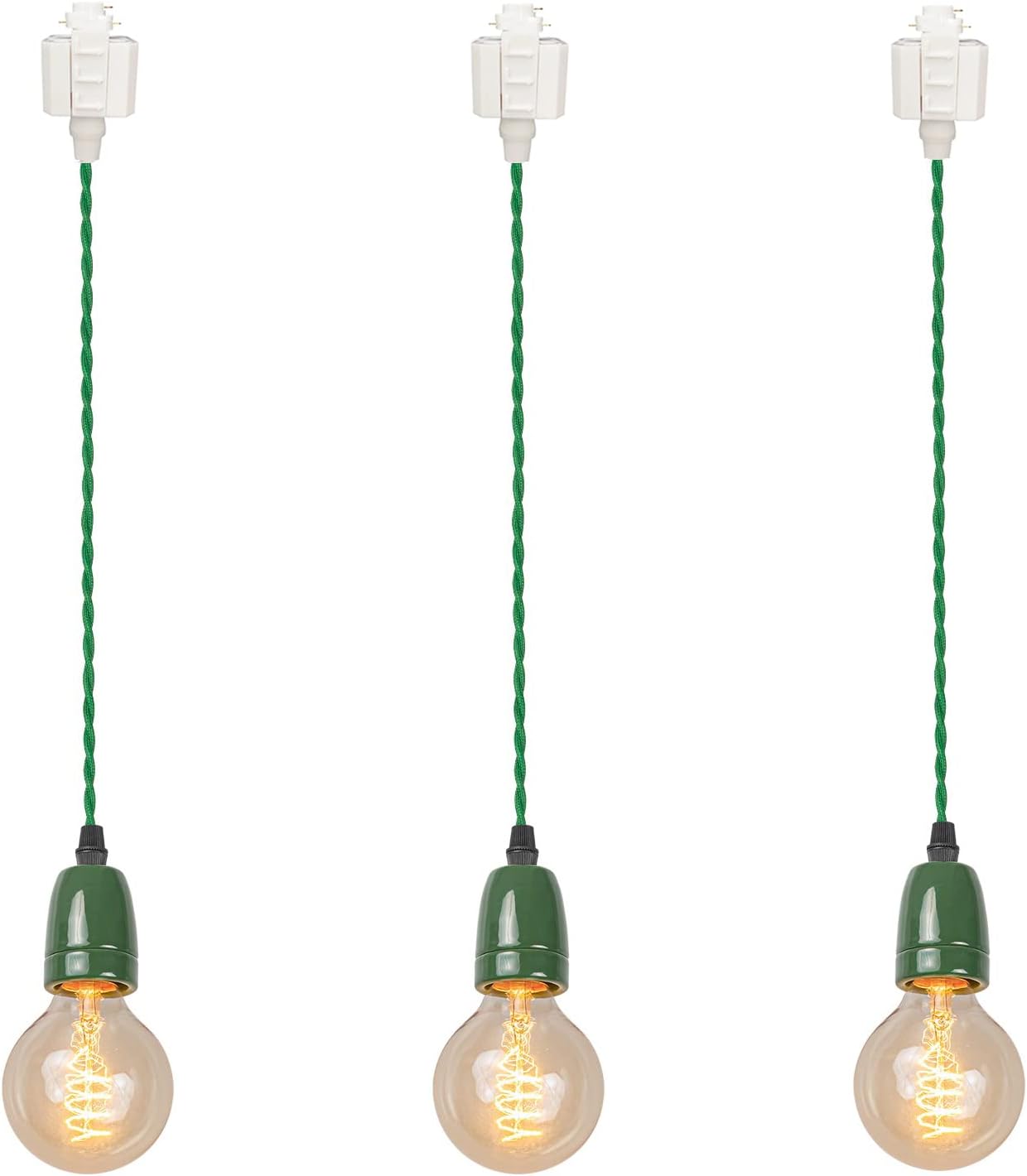 H-Type Track Pendant Light Green Weave Rope Cord Gloss Oil Green Ceramics Socket Retro Style Mini Lighting Industrial Track Pendant Lighting Replacement for Kitchen Island Customizable