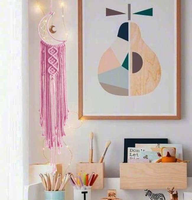 Miniatura 3 de Atrapasueños Atrapasueños Rosa para Dormitorio de Niñas Decoración de Pared para Mujeres, Atrapasueños de Luna con Luz, Atrapasueños de Macramé