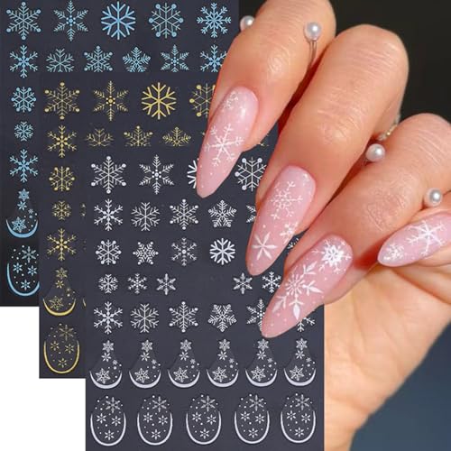 Christmas Nail Art Stickers 3D Self-Adhesive Nail Decals with White Blue Gold Snowflake Melting Snow Designs Nail Stickers Winter Holiday Xmas Nail Art DIY Decor Supplies for Women 6 Sheets