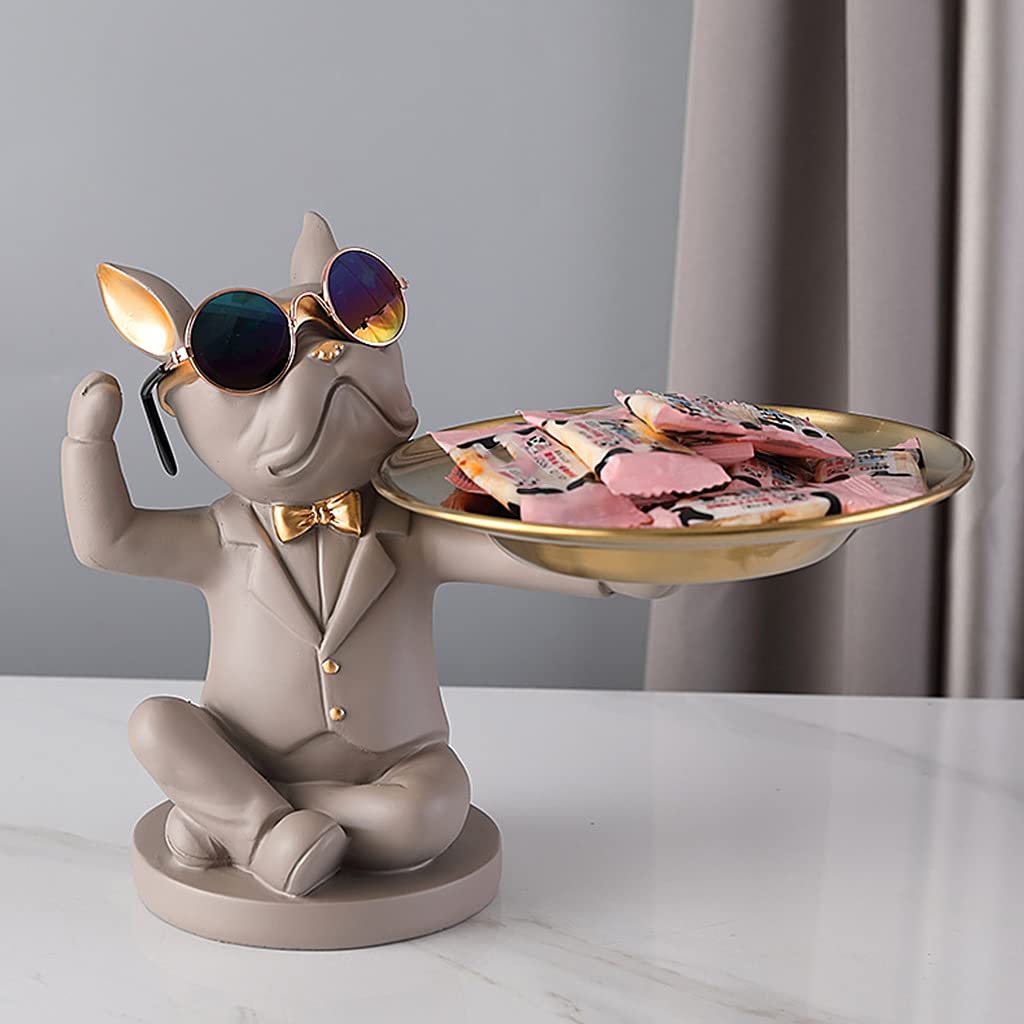 YXCKG Animal Entryway Key Bowl, Bulldog Figurine Decorative Ornaments with Gold Tray Resin Key Storage Holder Living Room Bedroom Entrance Table Desk Decor (Color : Beige)