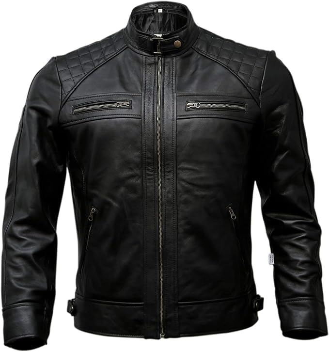 Image of Men's Leather Jacket Cafe Racer Biker Style Retro Stripes Jacket, Motorcycle Racing Leather Jacket Men