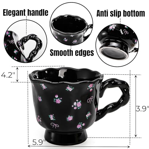 Image of Hiceeden Set of 2 Vintage Flower Coffee Mug, 14 oz Cute Ceramic Floral Coffee Cup, Unique Teacups Coffee Mugs with Base for Milk, Latte, Cocoa, Gift for Women, Black & Beige
