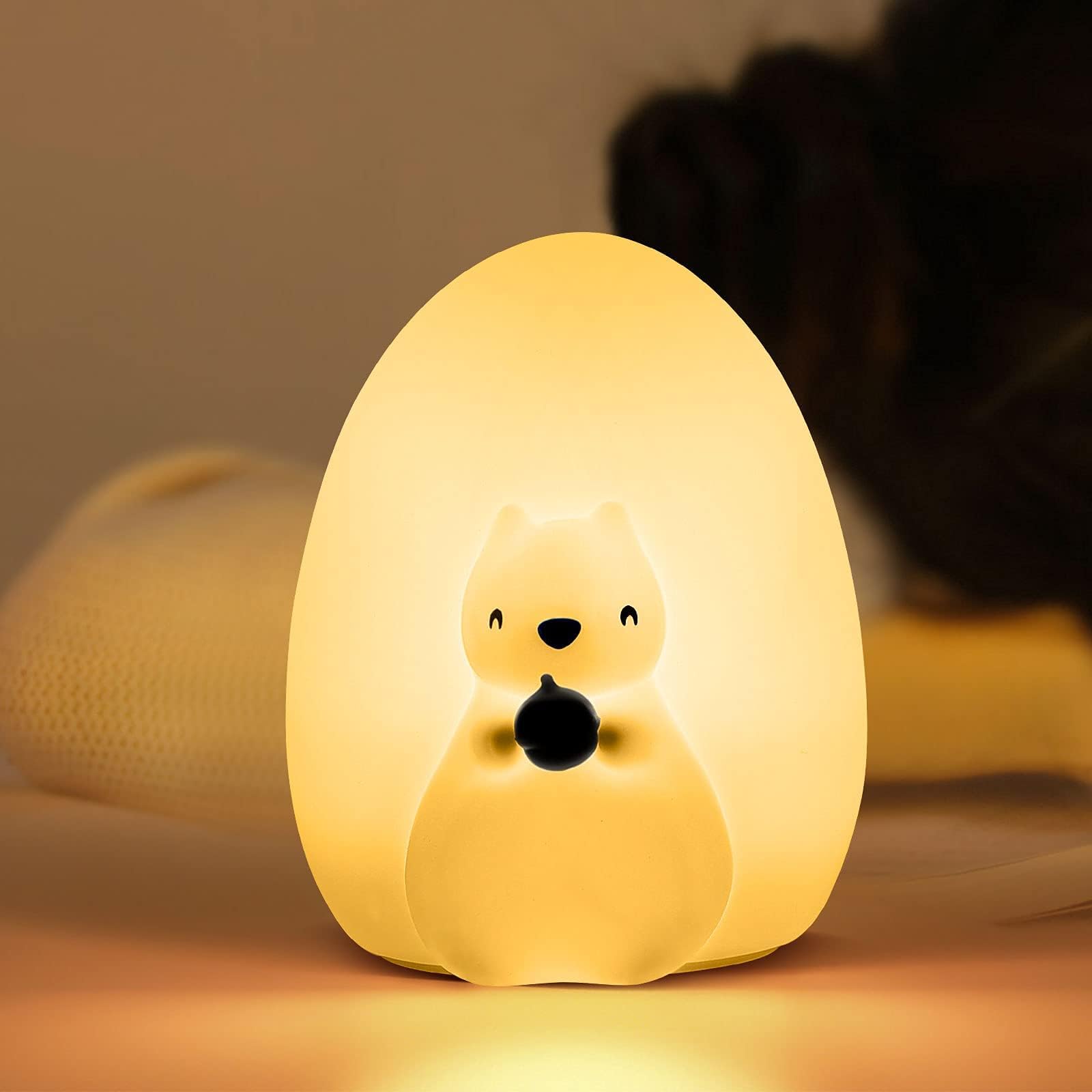 VSATEN Squirrel Night Light for Kids, Cute Silicone Baby Night Light, Squishy Rechargeable Animal Nusery Lamp with Touch Control for Toddlers’ Room, Kawaii Birthday Gifts for Boys Girls Teens