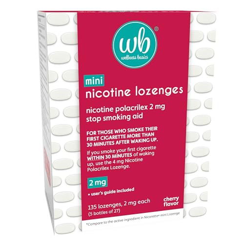 Wellness Basics Mini Nicotine Lozenge 2mg | Stop Smoking Aid | Cherry Flavor | 135 Count | Pack of 5 Vials | Reduces Cravings & Withdrawal Symptoms
