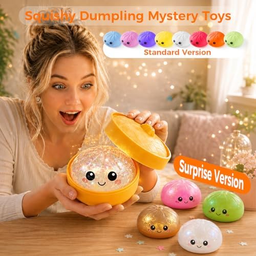 Dumpling Squishy Mystery Box, Random 1 of 14 Colors, Cute Squishy Dumpling Toy, Soft Stretchy Squeeze Toy, Sensory Fidget Toys for Anxiety Relief, Perfect for Party Favors, Birthday Gifts & Desk Toys - View 4