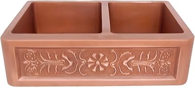 Flower Motif Double Bowl Copper Farmhouse Sink - Embossed Exterior - Smooth Interior - Copper Antique Finish