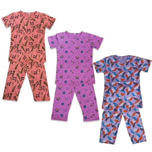 Image of Girls Pure Cotton Casual Round neck regular feet Multi Color Girls night dress Half Sleeve set of 3 pcs