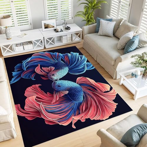 Tapis poils courts poissons combattants rouge clair 90x150cm lavable