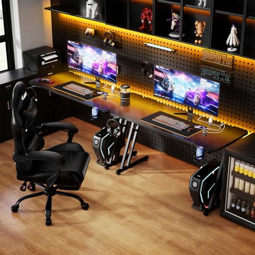 Image of Czlolo 47 Inch Gaming Desk with Power Outlets, L-Shape Leg Computer Desk, Gamer Desk for Small Space, Wtih Cup Holder, Headphone Stand, USB＆ Tpye-C Ports, Carbon Fiber Surface, Black