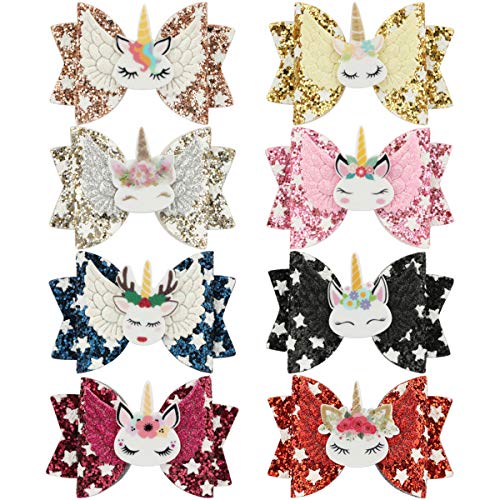 Bamsod 8 pieces Uniorn Hair Bows Clips Barrettes Hairpins for Baby Girls Unicorn Party Supplies