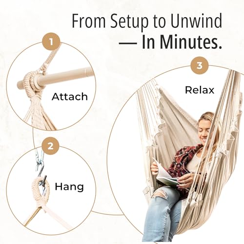 Image of Hanging Hammock Chair Swing - Outdoor & Indoor - Hammock Swing Chair | For Adults, Ceiling Mount, Cotton Blend, All Hardware Included, Spacious XL Seat, Bedroom to Porch Use, Built-In Footrest