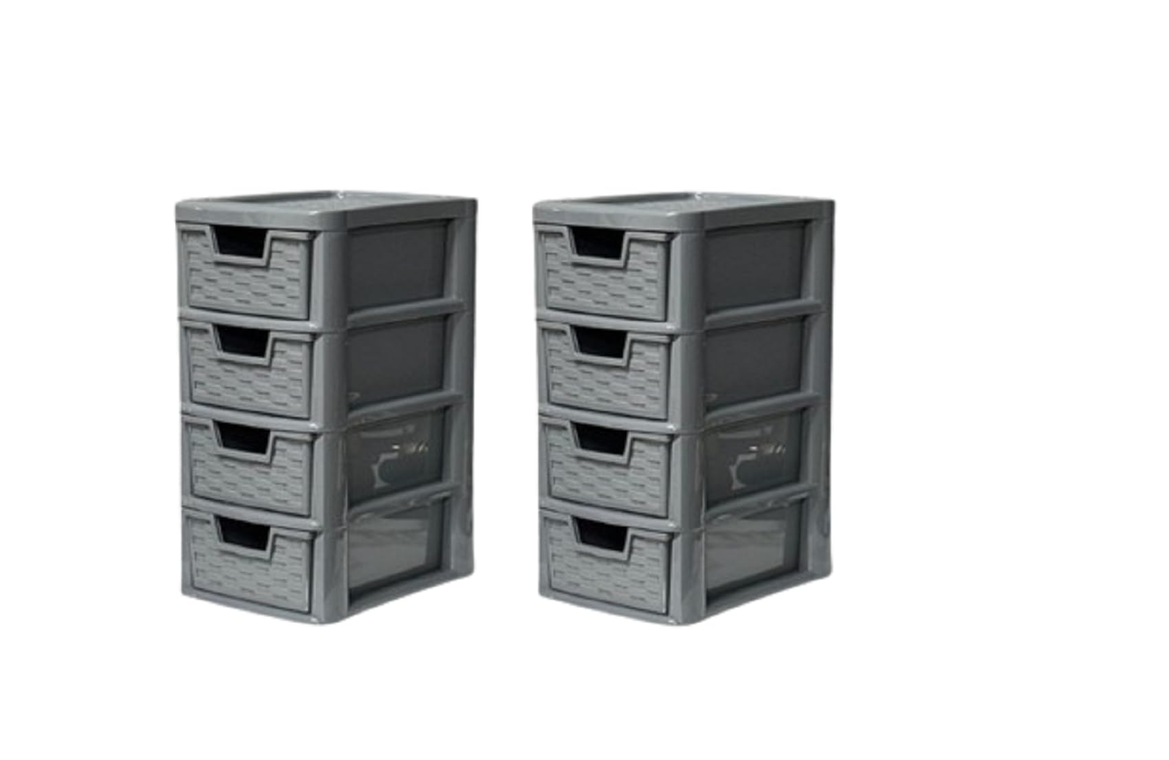 Khanary Grey Storage Drawer Unit 4 Tier-2 Pack | S/Mini Rattan Plastic Chest Tower Cabinet Trolley |Tabletop Desktop Organizer Crafts Files Home Kids Bedroom Kitchen Office School | 26 D X 19 W X 38 H Cm