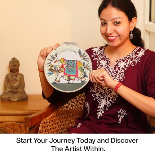 Image of picknMAKE Colorful Royal Elephant Hand Embroidery Kit for Beginners, Adults & Kids - Digital Printed Fabric, Threads, Needles, Ghoongru & Instructions - DIY Embroidery Set