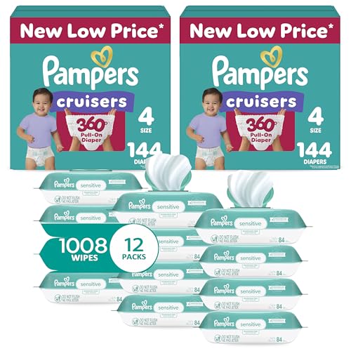 Image of Pampers Pull On Cruisers 360° Fit Disposable Baby Diapers Size 4, 2 Months Supply (2 x 144 Count) with Sensitive Water Based Wipes 12X Multi Pack Pop-Top and Refill (1008 Count)