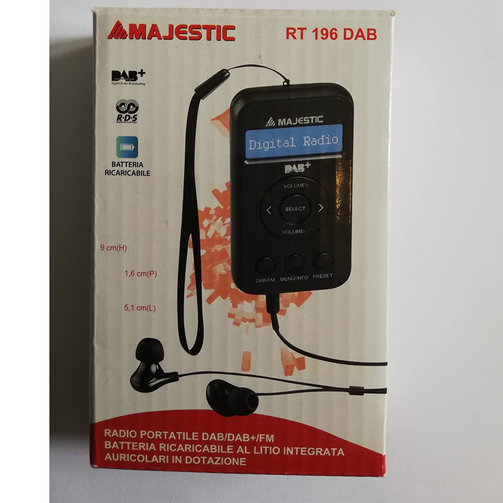 Majestic RT 196 DAB – Radio portatile DAB/DAB+/FM display LCD, batteria ricaricabile, uscita cuffie auricolari inclusi, laccio per il trasporto, nero