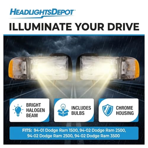 HEADLIGHTSDEPOT Chrome Halogen Headlights Dodge