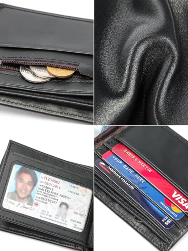 Leather Wallet for Men, Slim RFID Minimalist Credit Card Bifold Wallet with 2 ID Windows (Black)3