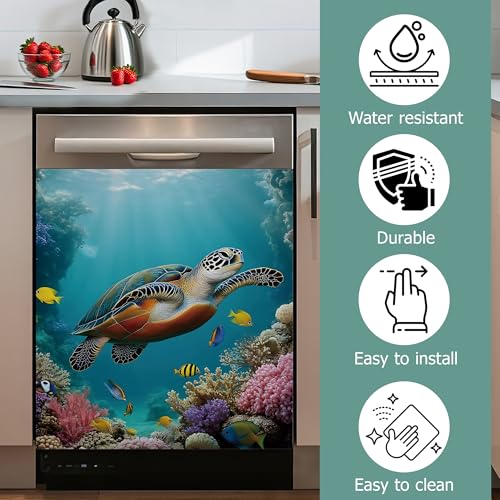 Image of Sea Turtle Refrigerator Magnet Cover,Ocean Fish Coral Washable Dishwasher Magnets Decorative Cover,Home Kitchen Decorative Dishwasher Front Panel Cover 23x26 Inch