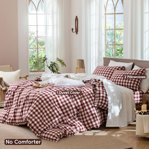 Image of MooMee Gingham Duvet Cover Set 100% Washed Cotton Linen Like Textured Breathable Durable Soft Comfy Modern Checkered Design (Buffalo Plaid Fired Brick Red, King 104 inchx90 inch)