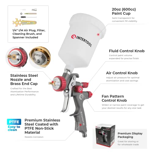 Intertool Air Spray Gun, Lvlp, Car Paint Sprayer, Woodwork Finish, 1.3 Mm Nozzle, Auto Primer, Clear & Top Coat, Touch Up, Pneumatic Gravity Feed Spray, 600 Cc Plastic Cup, Professional Ptfe Pt08-0143 #TOP1