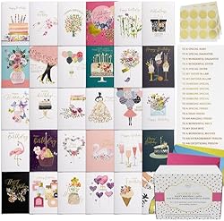 Dessie 30 Gold Foil Birthday Cards Assortment with Inside Greetings. Made Especially for Women. Colored Envelo