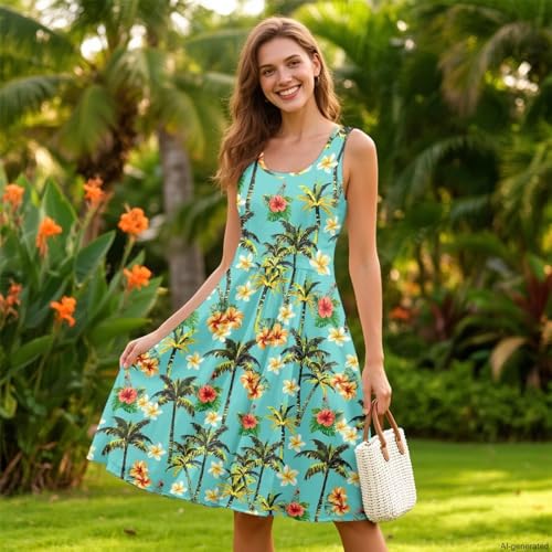 Image of TOADDITDO Women's Sleeveless O Neck Beach A-Line Party Coctail Tank Dresses Flared Sundress