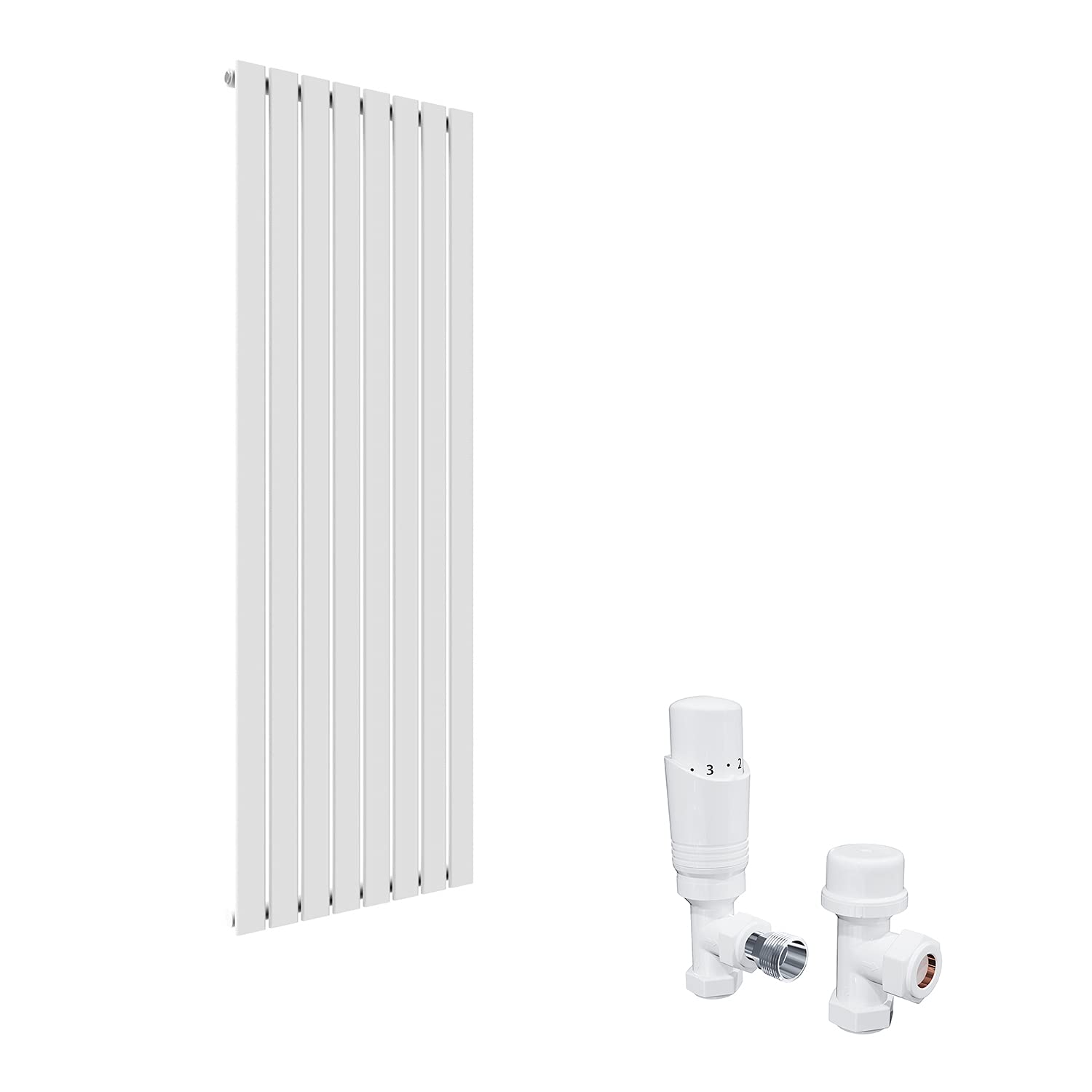 ELEGANT Modern Vertical Radiator Single Designer White Tall Upright Radiators Central Heating Wall Panel 1800 x 608 mm with White Thermostatic Valves Set