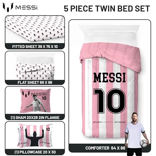 Image of Jay Franco Messi Twin Comforter Set 5 Piece Soft Kids Sports Bedding, Pink