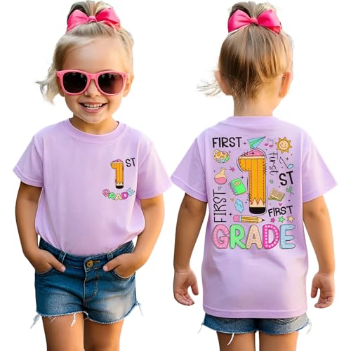 GLIGLITTR First Day of School Shirt Kids Girls Cute 1st 2nd 3rd Grade T-Shirt Back to School Outfit Funny Graphic Tee Tops (Purple-1st Grade,7Y)
