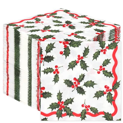 Talking Tables 100 x guardanapos de Natal de papel Xmas descartáveis com azevinho e bagas, decoração festiva de mesa familiar em vermelho, branco e verde 2 camadas 33 cm