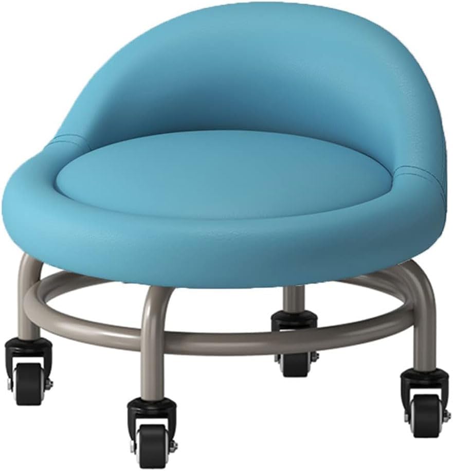 Low Roller Stool with 360° Swivel Wheels, Low-Height Short Rolling Stool Seat, PU Leather Small Mechanic Chair, Rolling Stools with Backrest for Pedicure, Garage, Shop, Library Blue