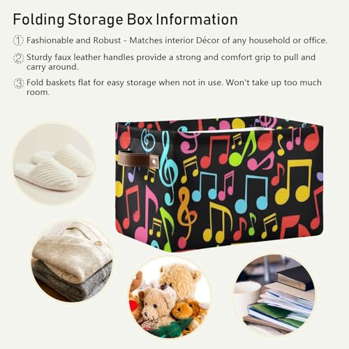 Image of Aslsiy Storage Basket Music Notes Colorful Nursery Bins Black Baby Box Canvas Clothes Shelf Basket Laundry Hamper Gift Basket for Home Closet 1 Pcs
