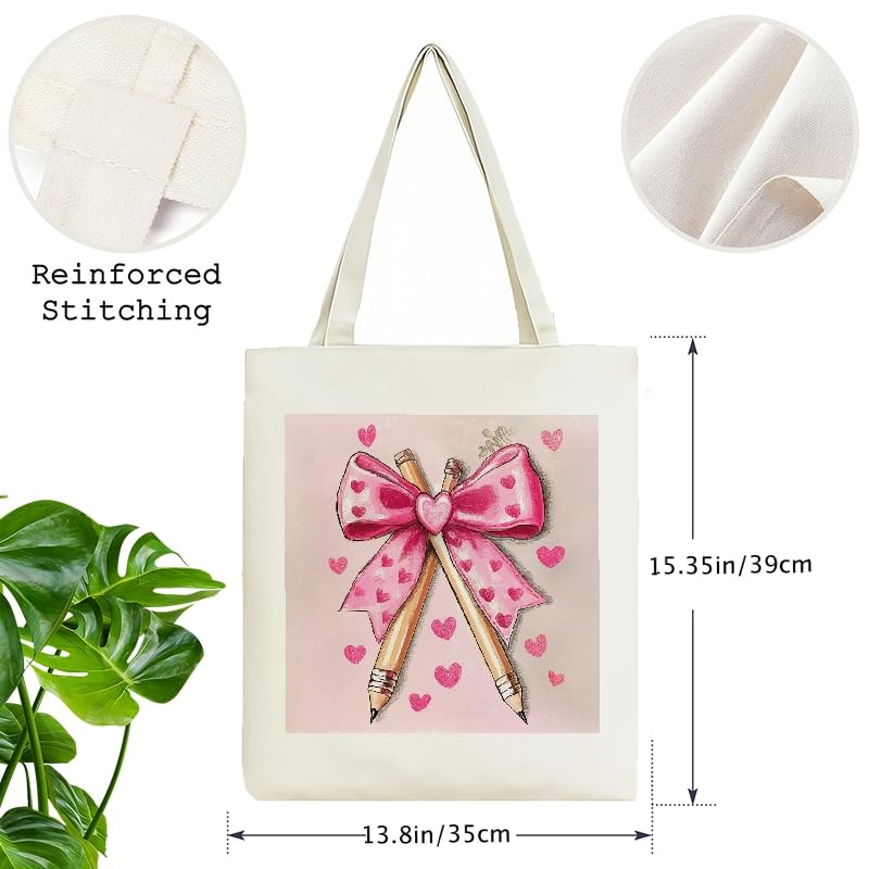 Valentine'S Day Special Lovely Pencil Print Canvas Tote Bag, Reusable Shoulder Tote Bag for Women and Men, Large Durable Canvas Shoulder Bag Perfect for Grocery Work Beach Shopping4